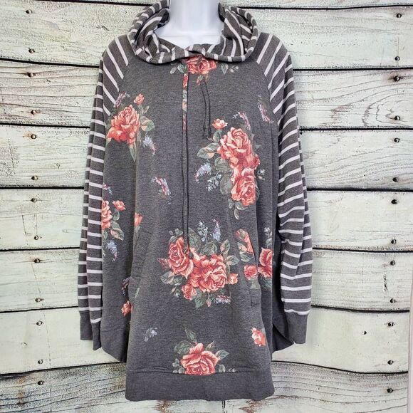 Maurices Women’s Size 2 Gray Floral Stripe Cowl Neck Hoodie Kangaroo Pocket - Picture 1 of 8